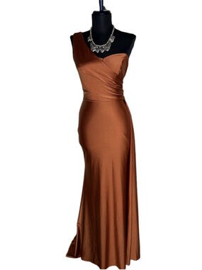Amelia Couture one shoulder maxi formal prom dress long trail golden brown sz 8